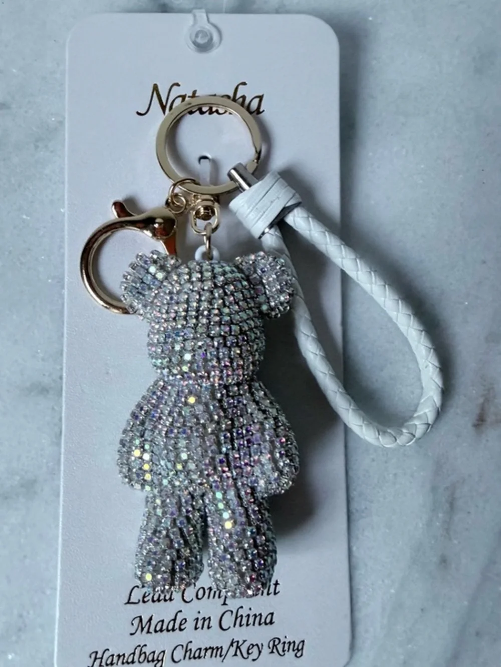 Natasha Couture White Braided Strap Crystal Teddy Bear Keychain